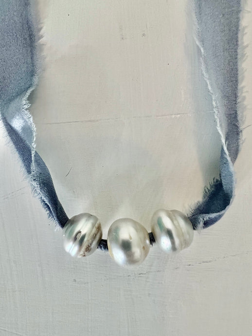 3 Large Silver Frost Tahitian Pearls on French Periwinkle Silk
