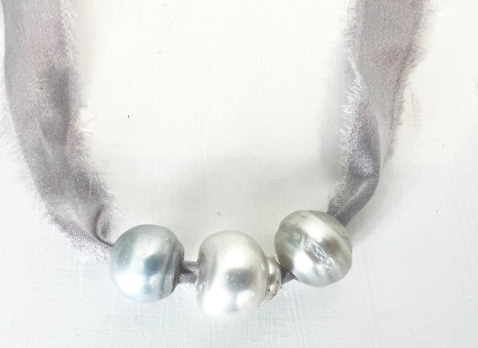 3 Large Silver Frost Tahitian Pearls on Silver Fir Silk