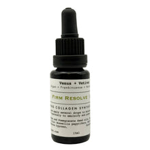 Bottle of Firm Resolve serum with Venus Vetiver on a white background