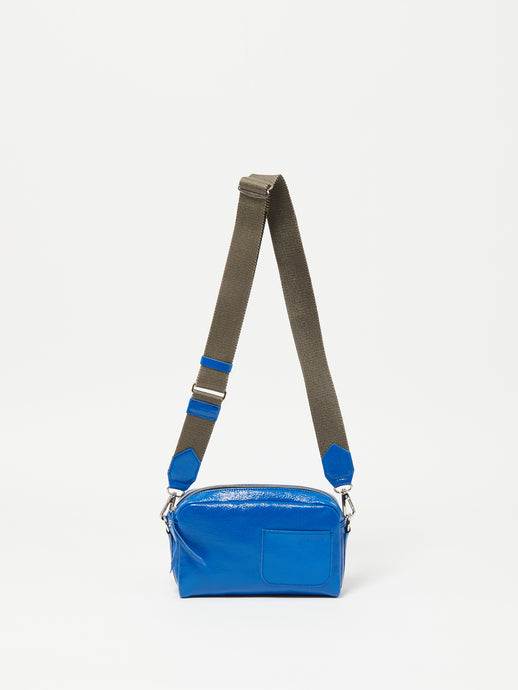 Pebble Patent Leather Crossbody in Lapis, Jack Gomme