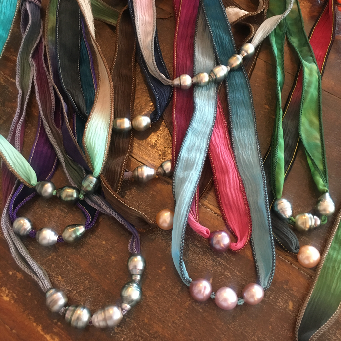 Precious Tahitian and Edison Pearls Hand Dyed Silk Ribbon One of a Kind